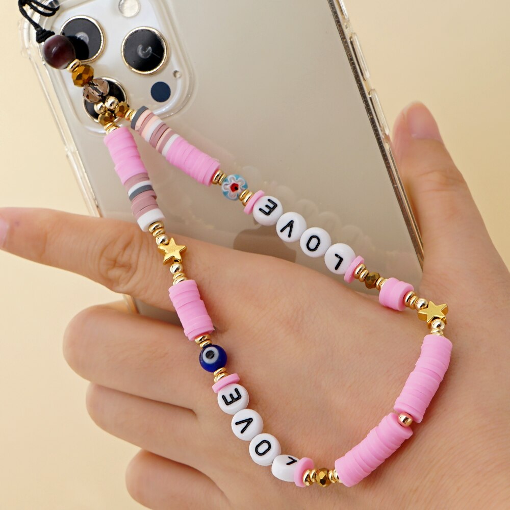 Phone Chain Wrist Strap Star Chains Polymer Clay Beads String Mobile Phone  Lanyard LOVE Letter Wristband – ZhuangDaFei